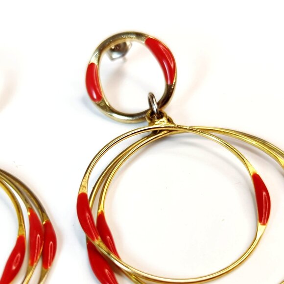 Vintage Gold-Tone Triple Hoop Earrings With Red Enamel Accents - Picture 3 of 5